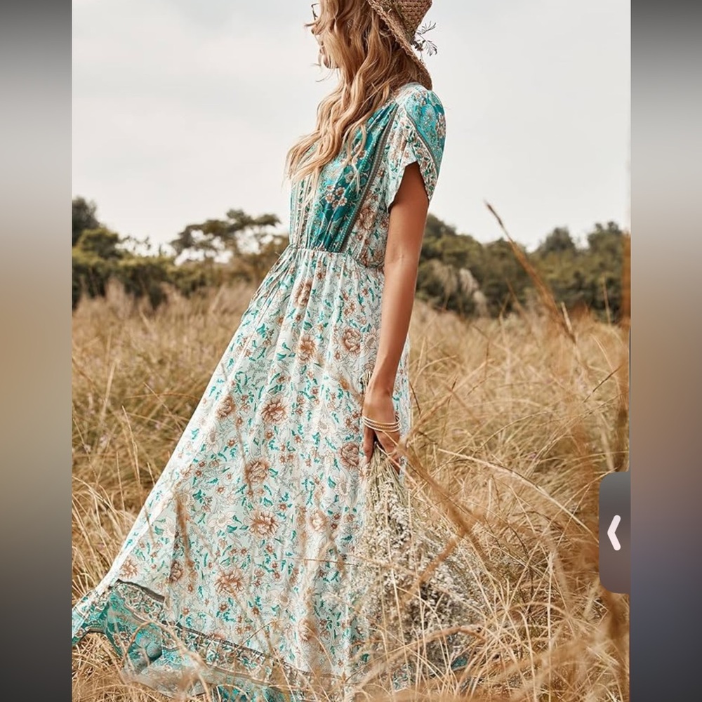 Ost Teal Floral Midi Dress with Peach Roses
